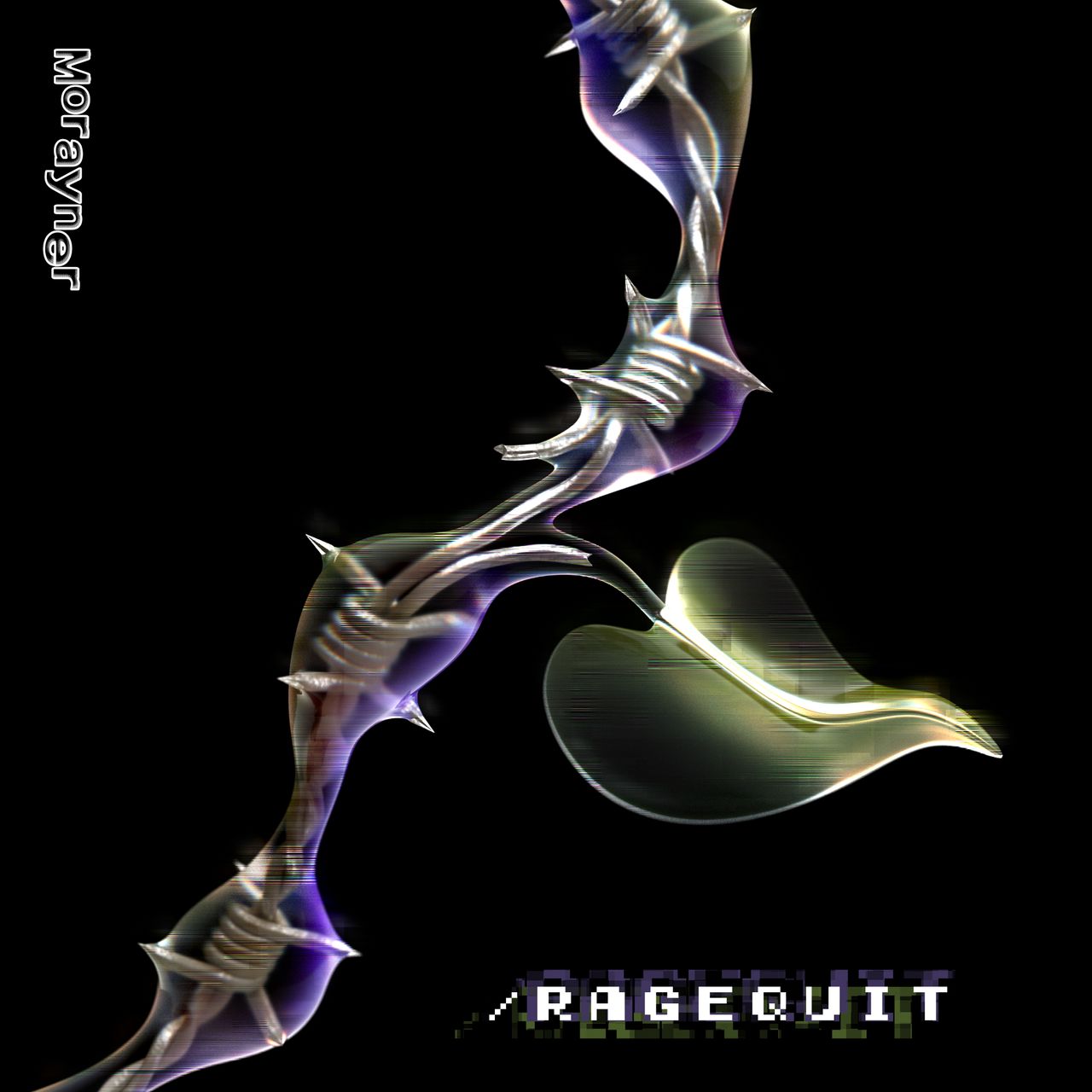 A plant is blossoming. Its stem countains a barb wire. The title /ragequit is displayed underneath, quite glitchy.